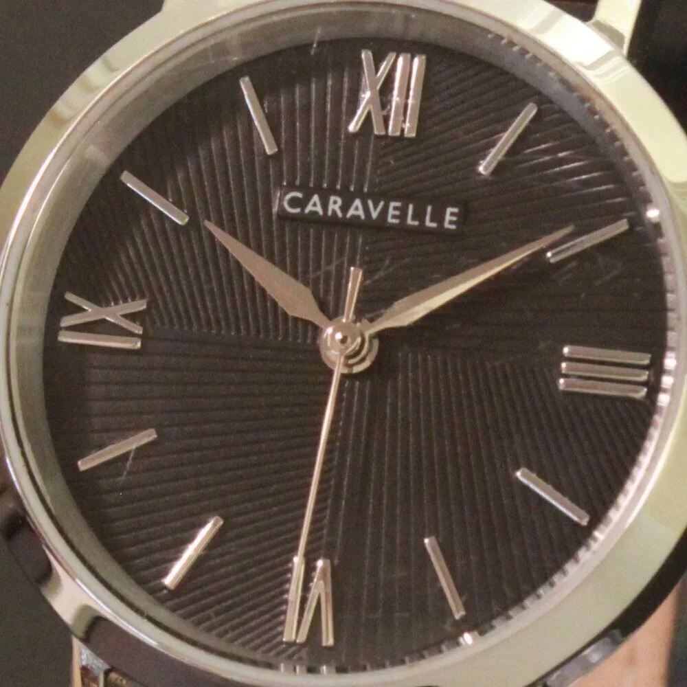 Caravelle Ladies Quartz Dress Watch By Bulova Black Textured Dial, Strap 28mm
